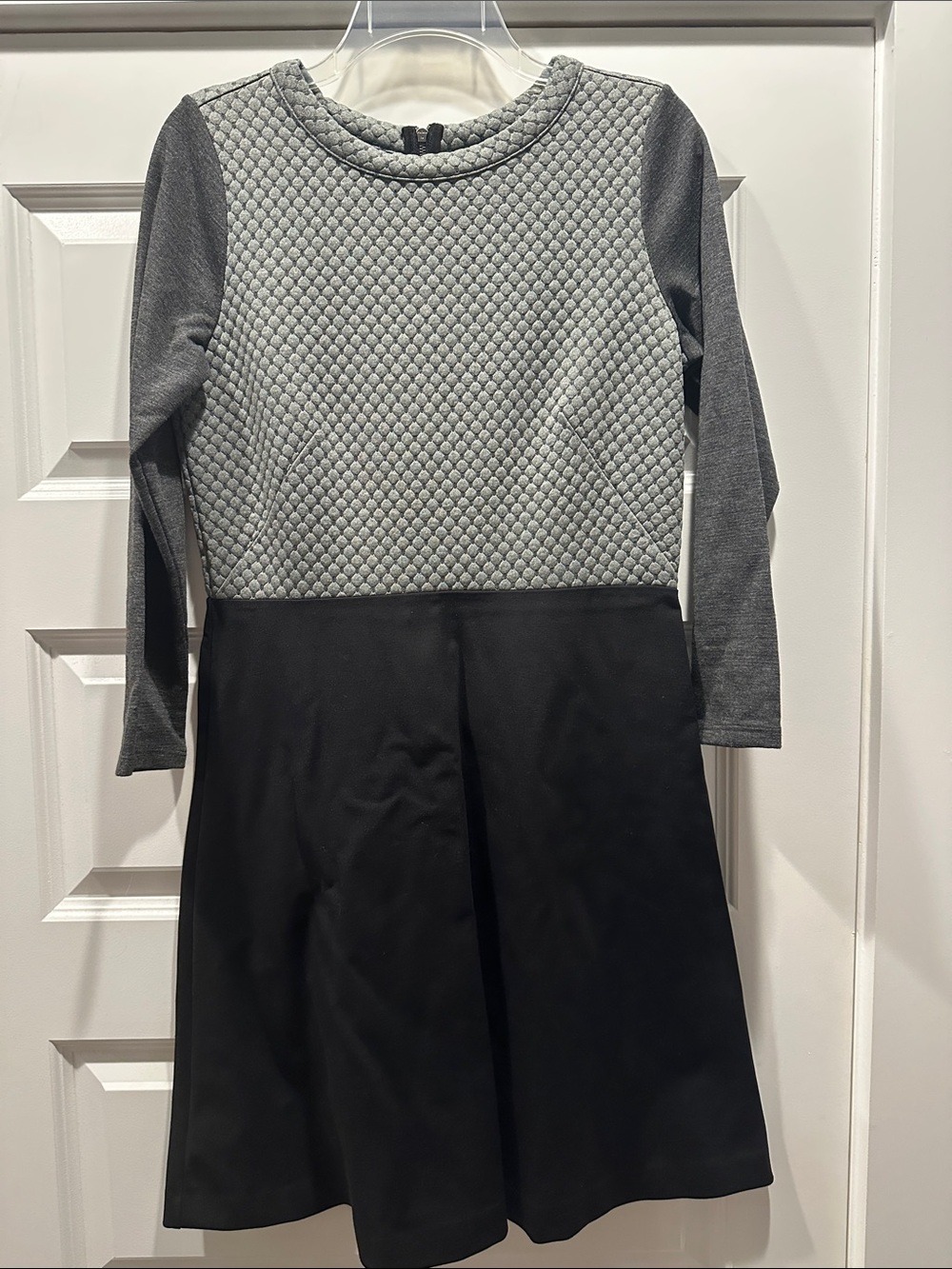 LOFT Gray Quilted Bodice Black A-Line Long Sleeve Dress